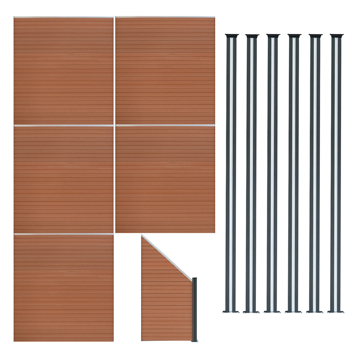 Composiet Schutting Paneel x 5, Schuin Paneel & LED Palen x 6 - Bruin