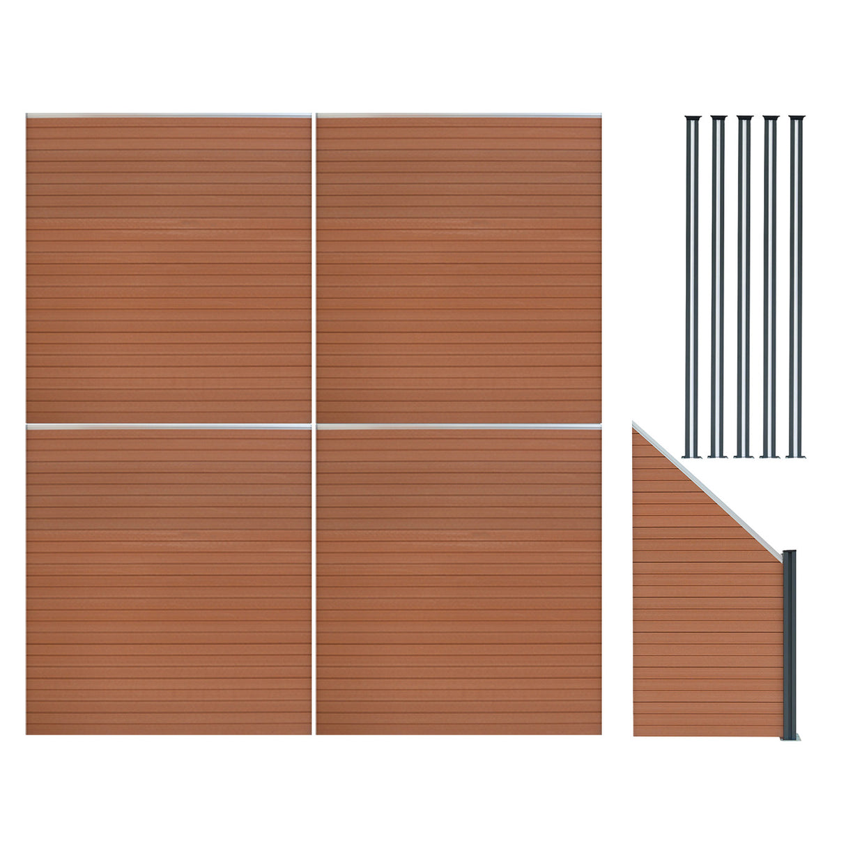 Composiet Schutting Paneel x 4, Schuin Paneel & LED Palen x 5 - Bruin