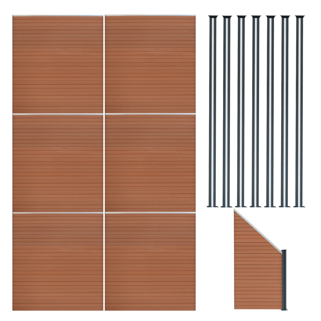 Composiet Schutting Paneel x 6, Schuin Paneel & LED Palen x 7 - Bruin