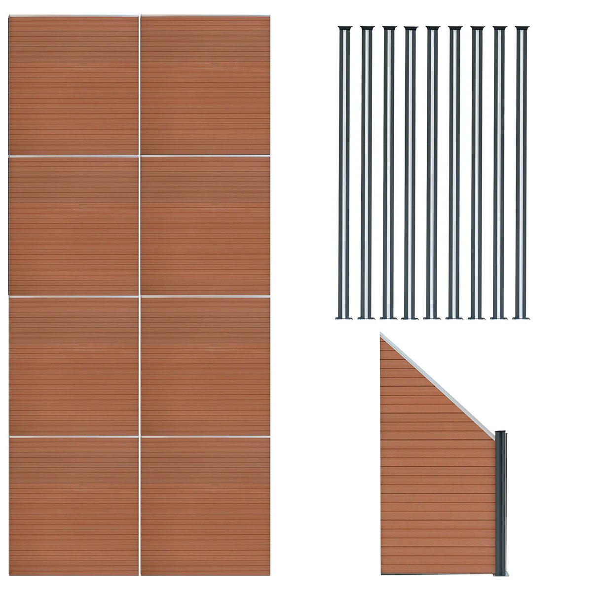 Composiet Schutting Paneel x 8, Schuin Paneel & LED Palen x 9 - Bruin