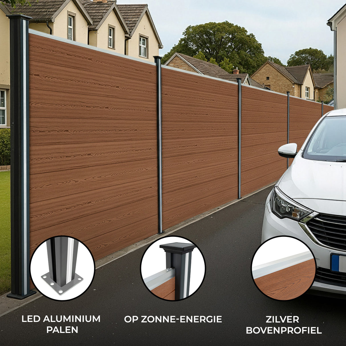 Composiet Schutting Paneel & 2 x LED Palen - Bruin