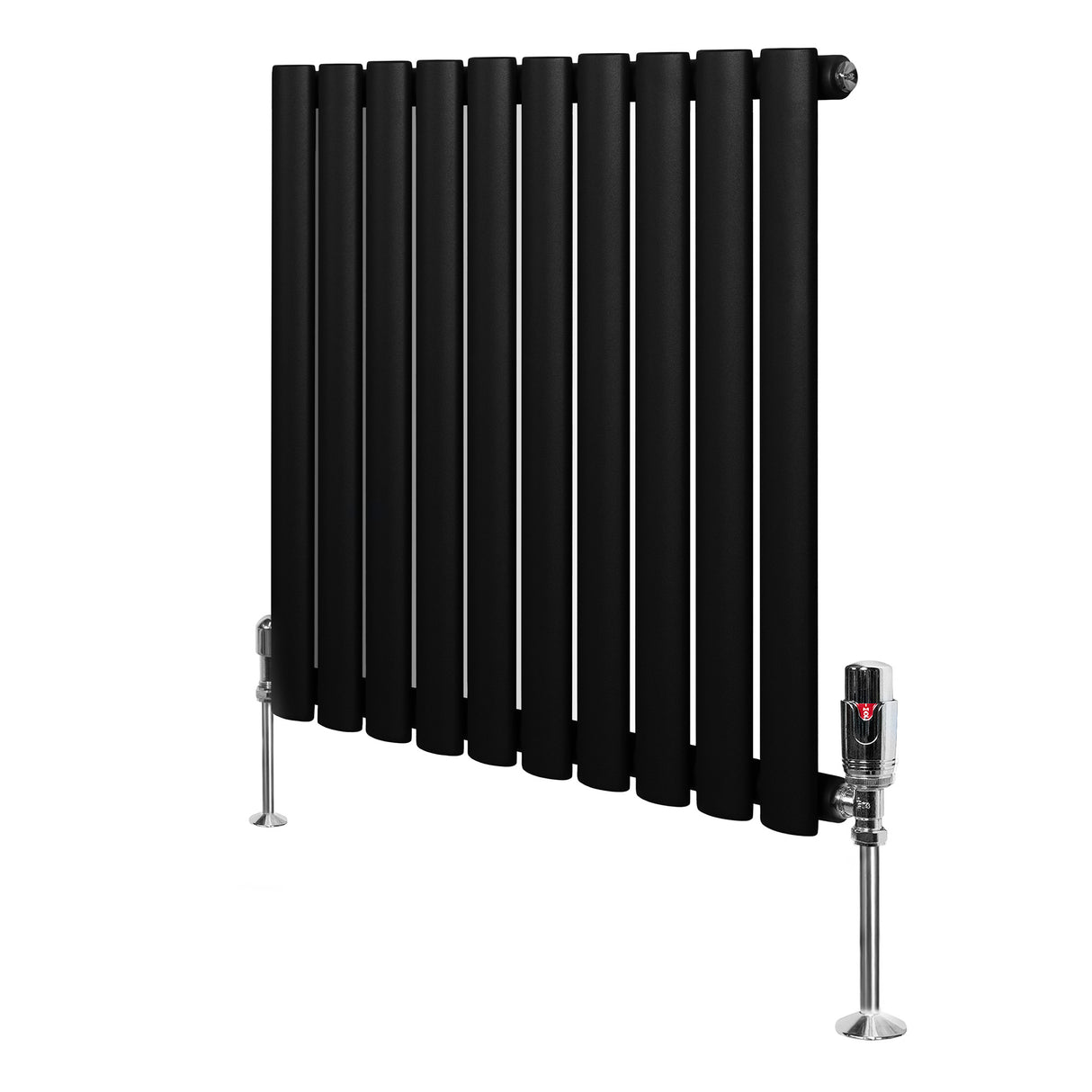 Ovale zwarte designradiator met één kolom, 600 mm x 600 mm, inclusief haakse thermostaatkraan en glanzende voeten