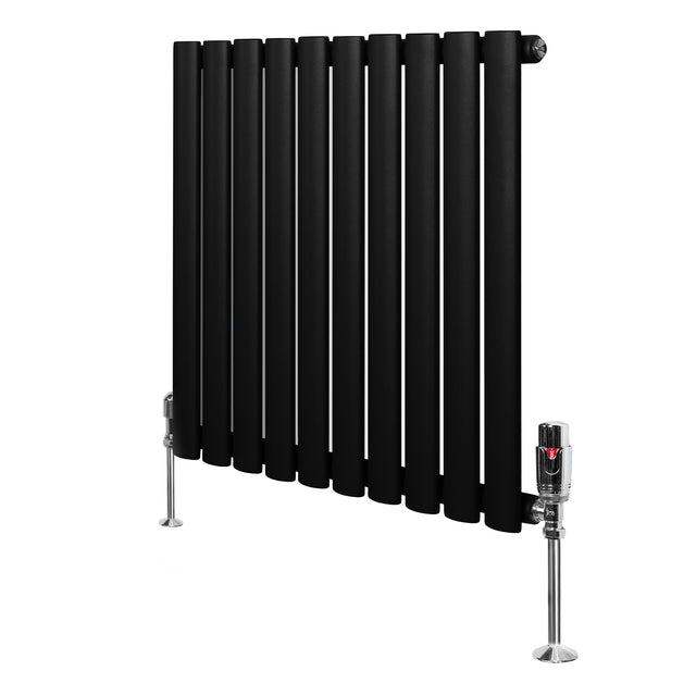 Ovale zwarte designradiator met één kolom, 600 mm x 600 mm, inclusief haakse thermostaatkraan en glanzende voeten