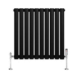 Ovale zwarte designradiator met één kolom, 600 mm x 600 mm, inclusief haakse thermostaatkraan en glanzende metalen voetstukken