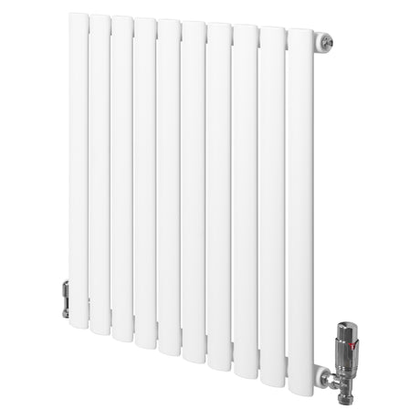 Ovale witte design radiator met één kolom, 600 mm x 600 mm, inclusief haakse thermostaatkraan en moderne afwerking