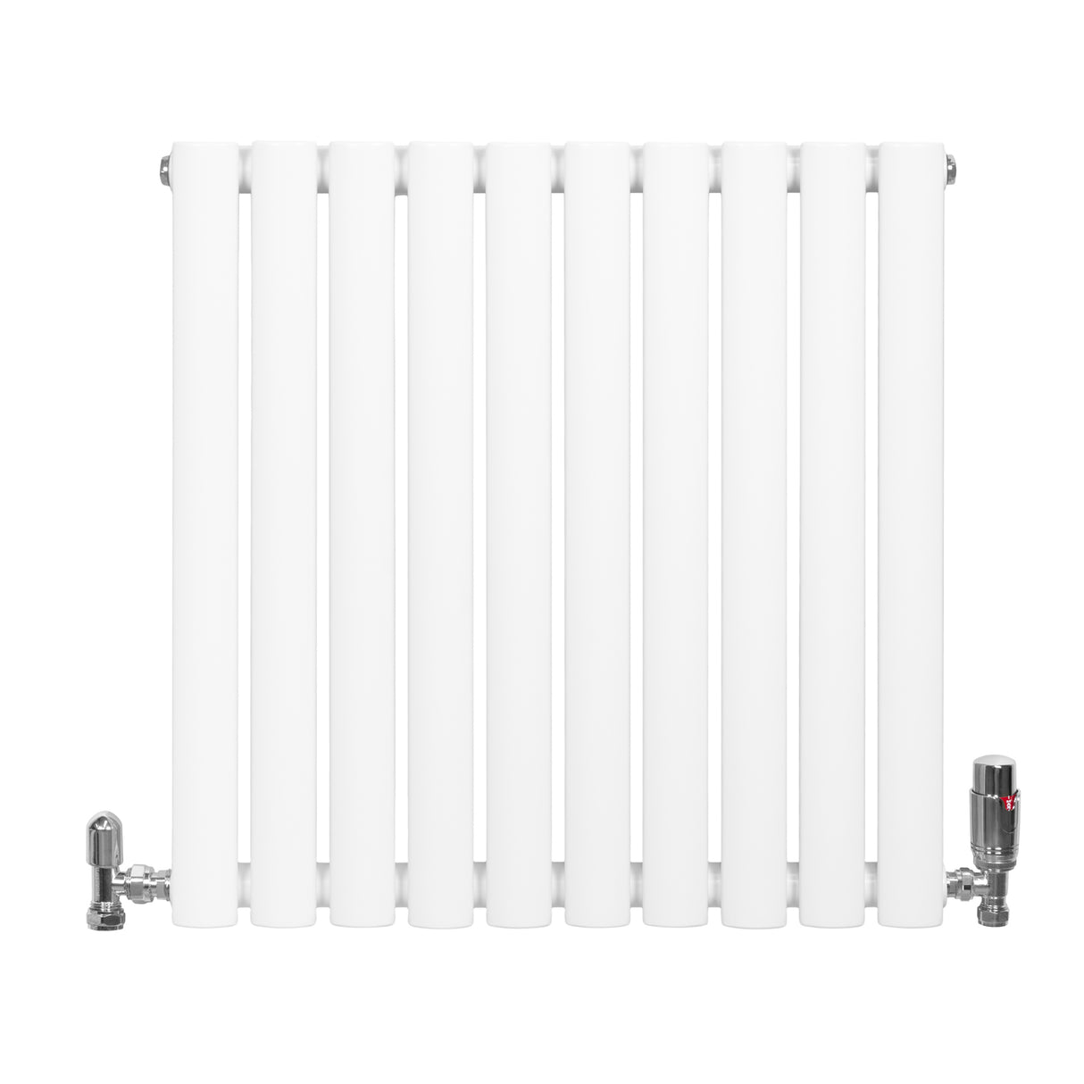 Ovale design radiator in wit met één kolom, 600 mm x 600 mm, inclusief haakse thermostaatkraan en glanzende afwerking