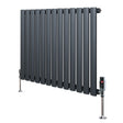 Ovale design radiator in antraciet grijs, 1 kolom, 600 mm x 780 mm, met haakse thermostaatkraan en moderne afwerking