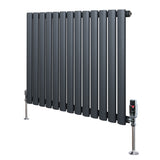 Ovale design radiator in antraciet grijs, 1 kolom, 600 mm x 780 mm, met haakse thermostaatkraan en moderne afwerking