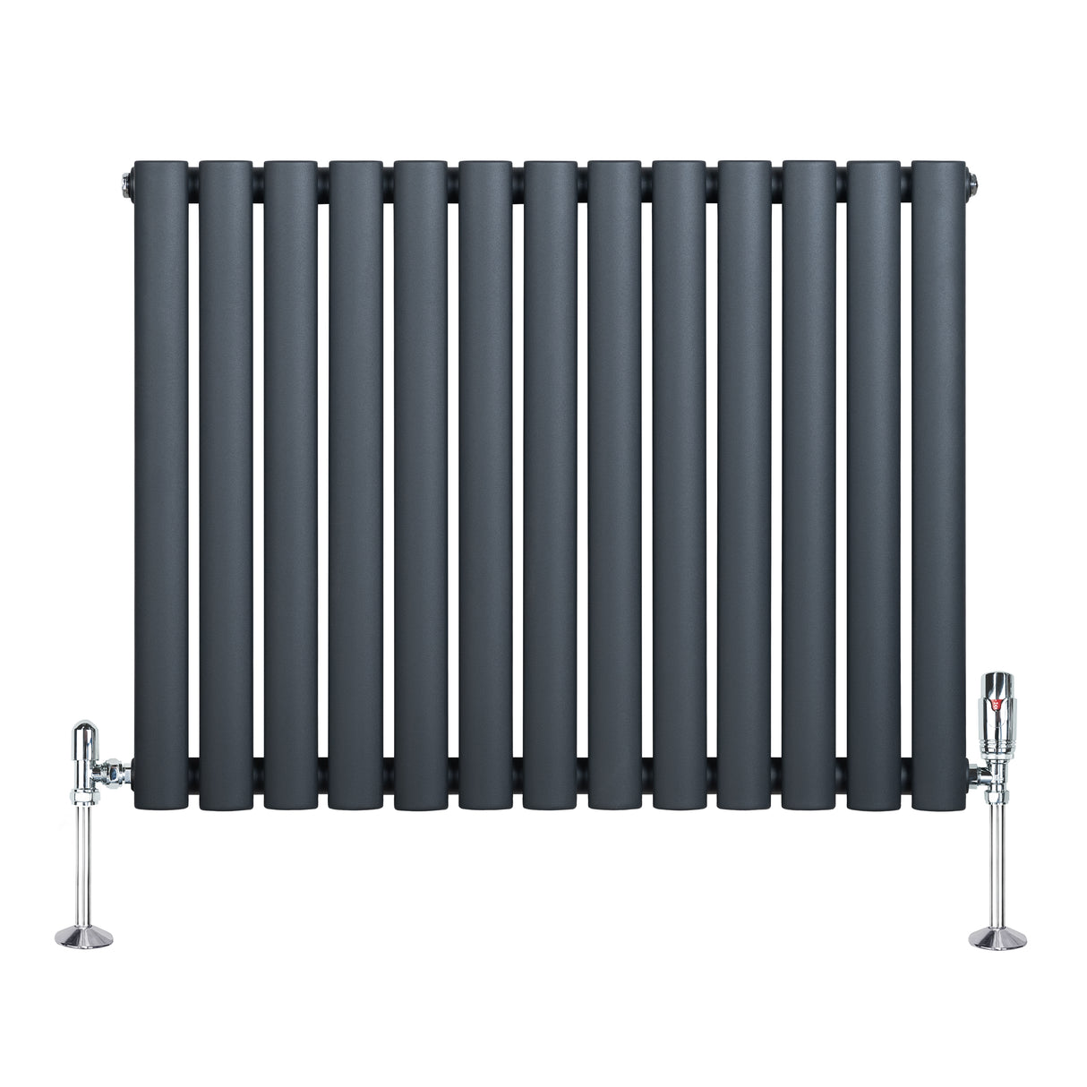 Ovale design radiator in antraciet grijs met één kolom en haakse thermostaatkraan, strakke lijnen en moderne uitstraling