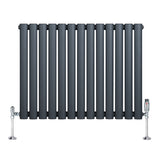 Ovale design radiator in antraciet grijs met één kolom en haakse thermostaatkraan, strakke lijnen en moderne uitstraling