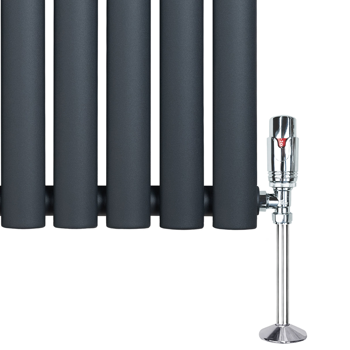 Ovale design radiator in antraciet grijs met een haakse thermostaatkraan, elegant en modern, perfect voor elke ruimte