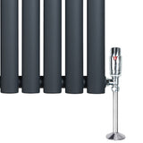 Ovale design radiator in antraciet grijs met een haakse thermostaatkraan, elegant en modern, perfect voor elke ruimte