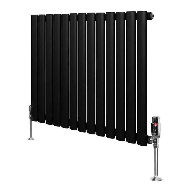 Ovale zwarte design radiator met één kolom, 600 mm x 780 mm, inclusief haakse thermostaatkraan en glanzende voetsteunen