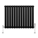 Ovale zwarte designradiator met één kolom, 600 mm x 780 mm, inclusief haakse thermostaatkraan en glanzende metalen voetjes