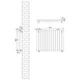 Ovale zwarte design radiator met één kolom, afmetingen 600 mm x 780 mm, inclusief haakse thermostaatkraan en technische tekening