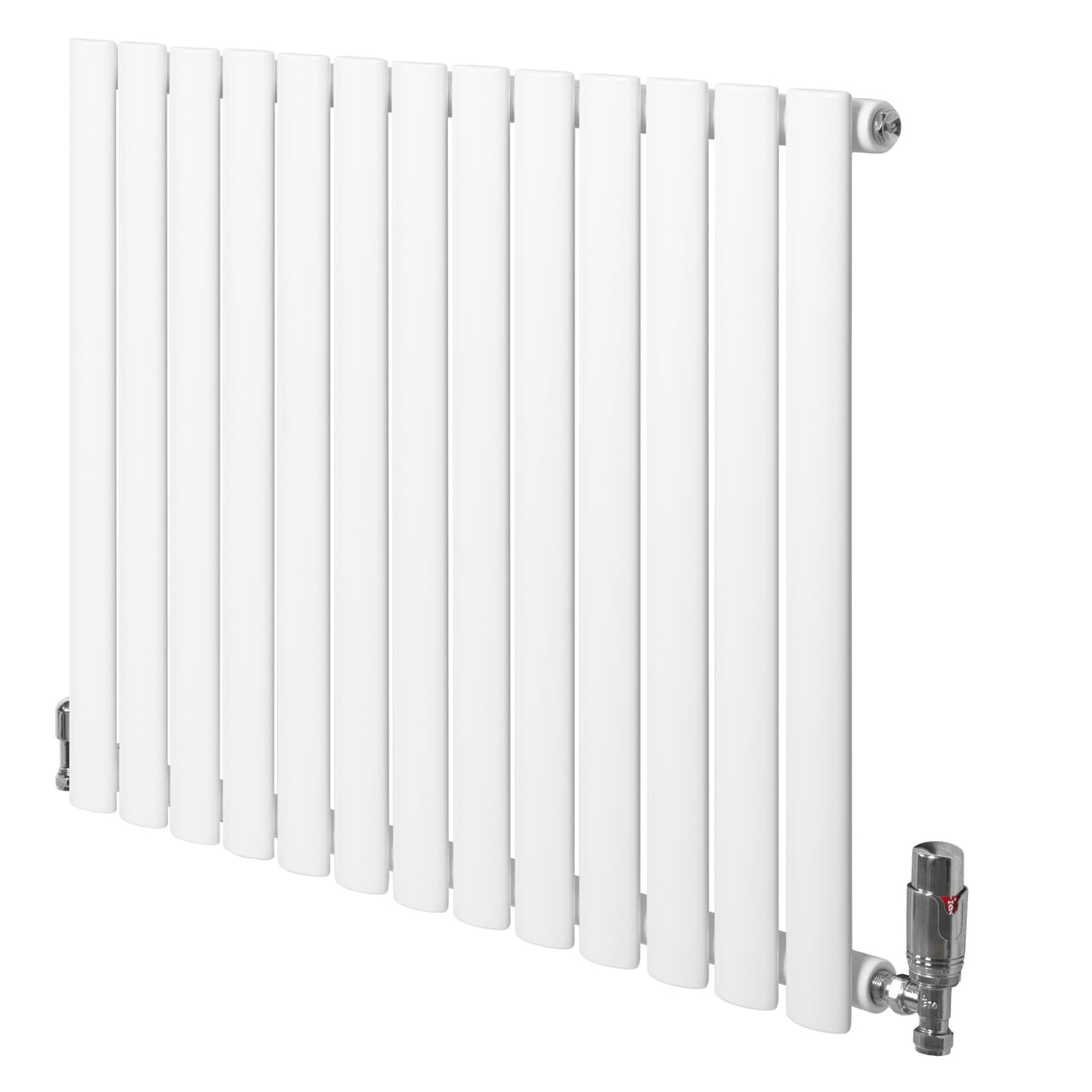 Ovale witte design radiator met één kolom, 600 mm x 780 mm, inclusief haakse thermostaatkraan voor moderne interieurs