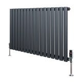 Ovale design radiator in antraciet grijs, 1 kolom, 600 mm x 1020 mm met haakse thermostaatkraan en moderne, strakke lijnen