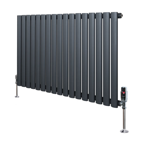 Ovale design radiator in antraciet grijs, 1 kolom, 600 mm x 1020 mm met haakse thermostaatkraan en moderne, strakke lijnen