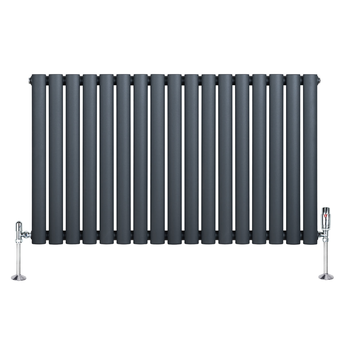 Ovale design radiator in antraciet grijs met één kolom, 600 mm x 1020 mm, inclusief haakse thermostaatkraan en glanzende voetstukken