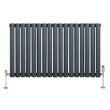 Ovale design radiator in antraciet grijs met één kolom, 600 mm x 1020 mm, inclusief haakse thermostaatkraan en glanzende voetstukken