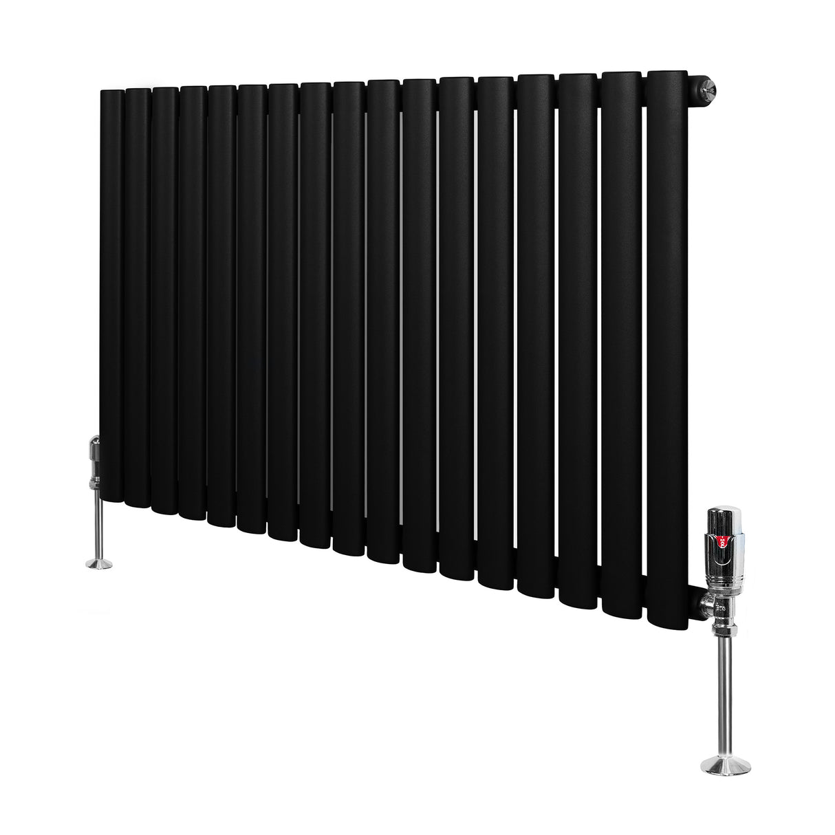 Ovale zwarte designradiator met één kolom, 600 mm x 1020 mm, inclusief haakse thermostaatkraan en moderne afwerking