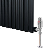 Ovale zwarte designradiator met één kolom, 600 mm x 1020 mm, inclusief haakse thermostaatkraan en glanzende afwerking