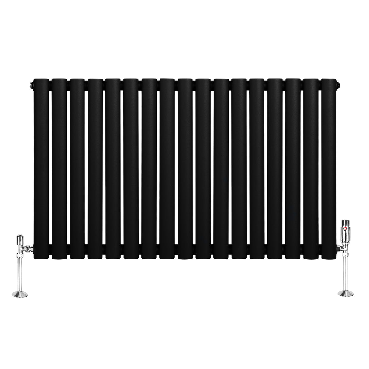 Ovale zwarte design radiator met één kolom, 600 mm x 1020 mm, voorzien van een haakse thermostaatkraan aan de zijkant