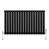 Ovale zwarte design radiator met één kolom, 600 mm x 1020 mm, voorzien van een haakse thermostaatkraan aan de zijkant