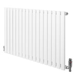 Ovale witte design radiator met één kolom, 600 mm x 1020 mm, inclusief haakse thermostaatkraan en strakke, moderne lijnen