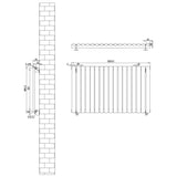 Ovale design radiator in wit met één kolom, afmetingen 600 mm x 1020 mm, inclusief haakse thermostaatkraan en technische tekening