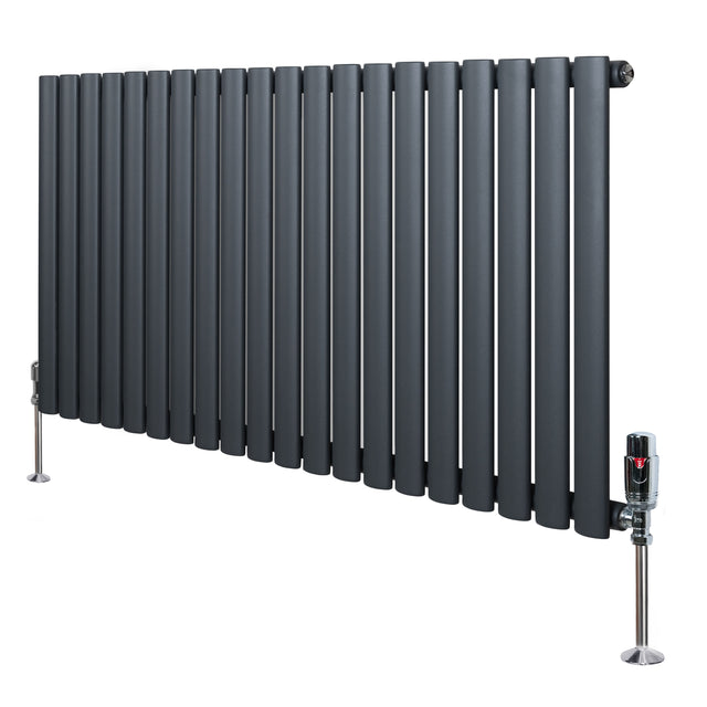 Ovale design radiator in antraciet grijs, 1 kolom, 600 mm x 1200 mm, met haakse thermostaatkraan en moderne, strakke lijnen