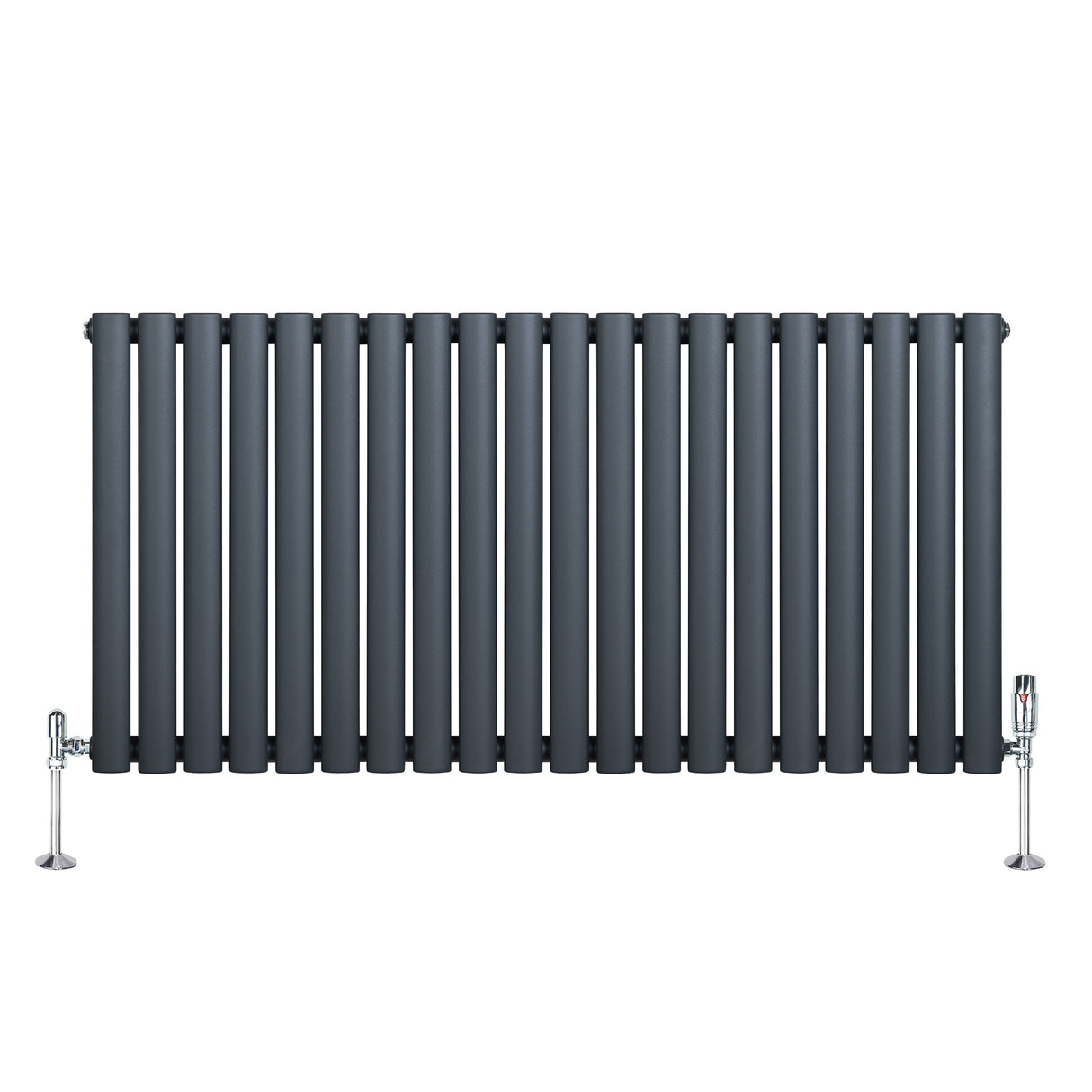 Ovale design radiator in antraciet grijs met 1 kolom, 600 mm x 1200 mm, inclusief haakse thermostaatkraan en moderne afwerking
