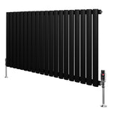 Ovale zwarte designradiator met één kolom, 600 mm x 1200 mm, inclusief haakse thermostaatkraan en moderne afwerking