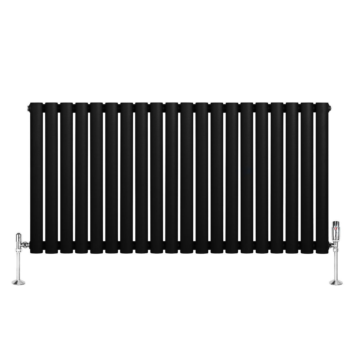 Ovale zwarte design radiator met één kolom, 600 mm x 1200 mm, inclusief haakse thermostaatkraan, moderne uitstraling