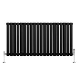 Ovale zwarte design radiator met één kolom, 600 mm x 1200 mm, inclusief haakse thermostaatkraan, moderne uitstraling