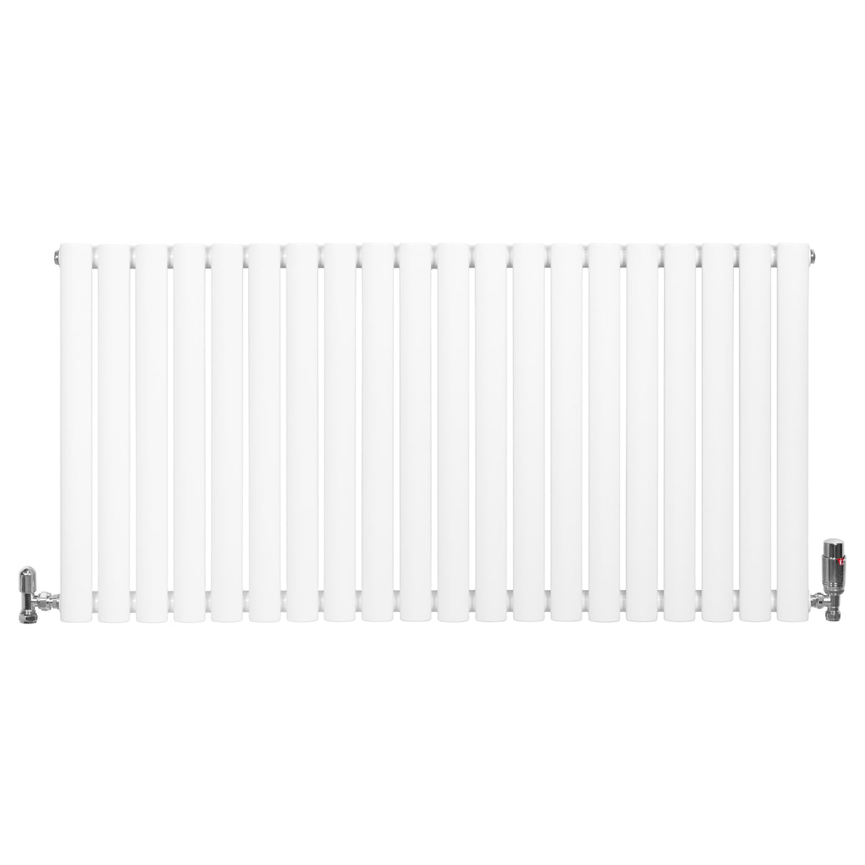 Ovale witte designradiator met één kolom, 600 mm x 1200 mm, inclusief haakse thermostaatkraan aan de rechterzijde