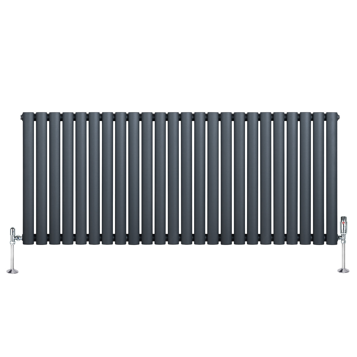Ovale design radiator in antraciet grijs, 1 kolom, 600 mm x 1440 mm, met glanzende haakse thermostaatkraan aan de zijkant
