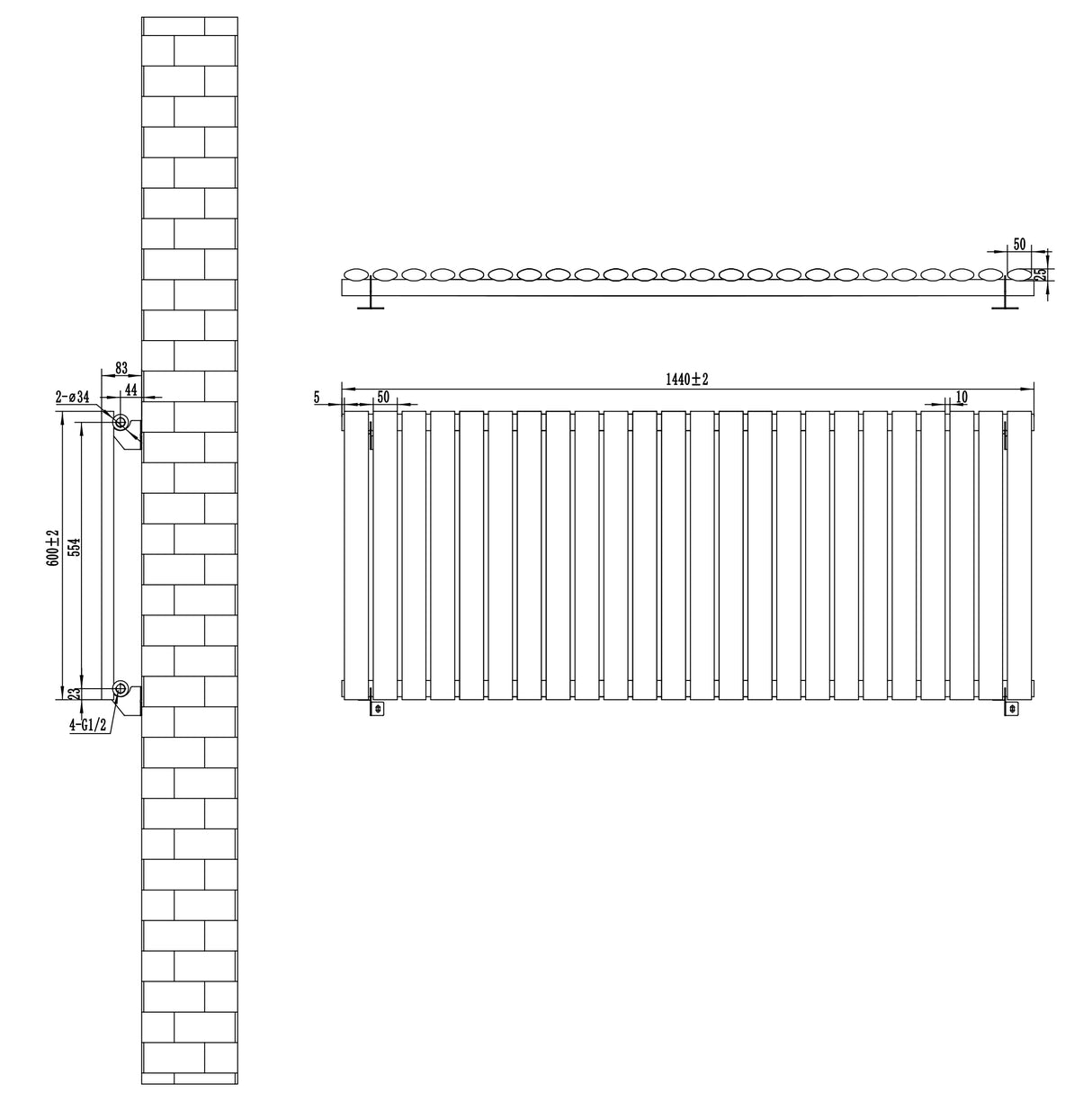 Ovale design radiator in antraciet grijs, 600 mm x 1440 mm, met een haakse thermostaatkraan en strakke, moderne lijnen