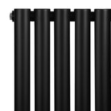 Ovale zwarte design radiator met één kolom, 600 mm x 1440 mm, met een gladde, matte afwerking en haakse thermostaatkraan