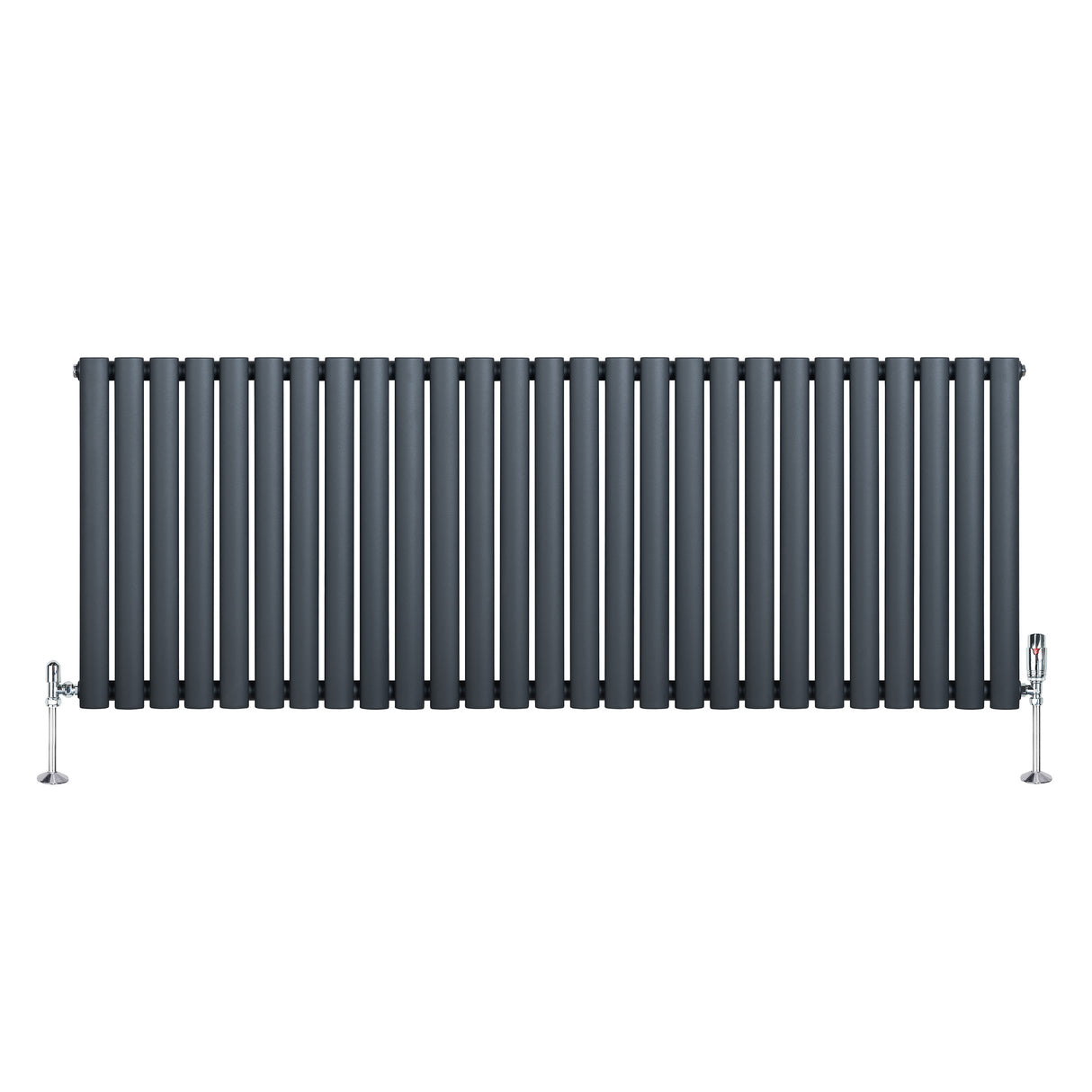 Ovale design radiator in antraciet grijs, 600 mm x 1620 mm, met een moderne uitstraling en haakse thermostaatkraan