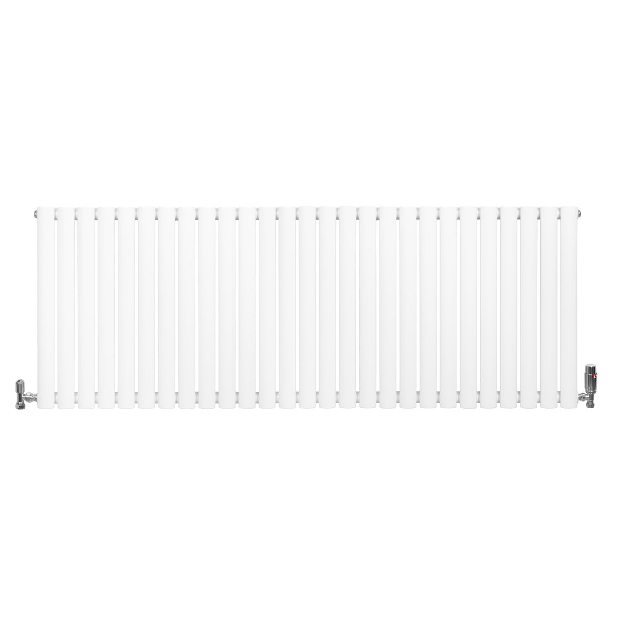 Ovale design radiator in wit met één kolom, 600 mm x 1620 mm, inclusief haakse thermostaatkraan aan de rechterzijde