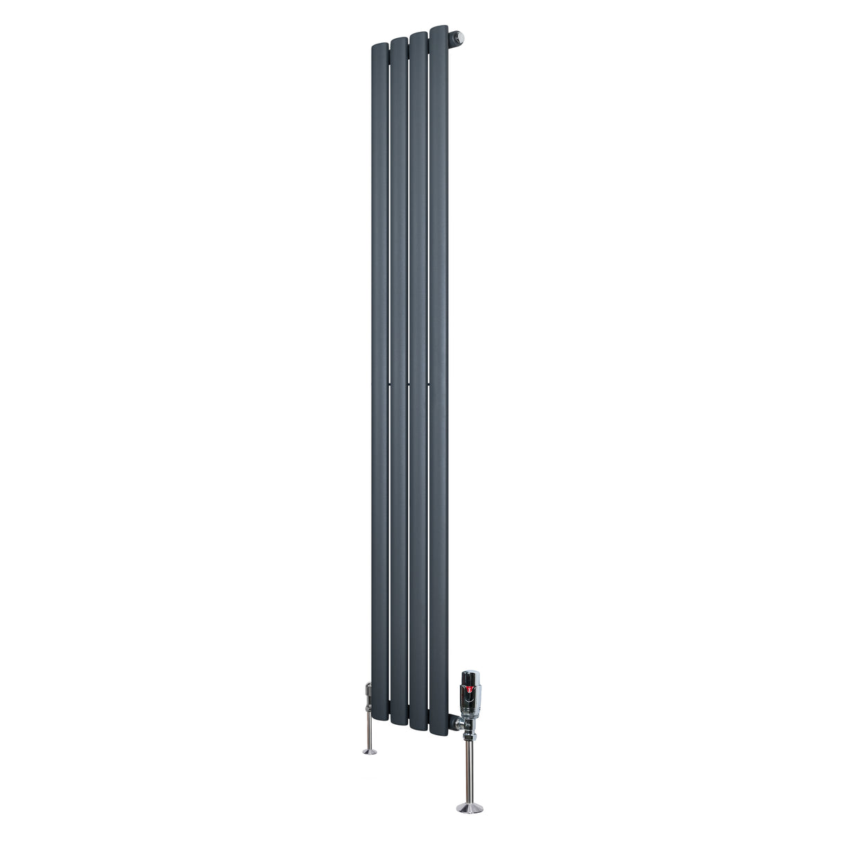 Ovale design radiator in antraciet grijs, 1 kolom, 1600 mm x 240 mm, met haakse thermostaatkraan en moderne, strakke lijnen