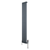Ovale design radiator in antraciet grijs, 1 kolom, 1600 mm x 240 mm, met haakse thermostaatkraan en moderne, strakke lijnen