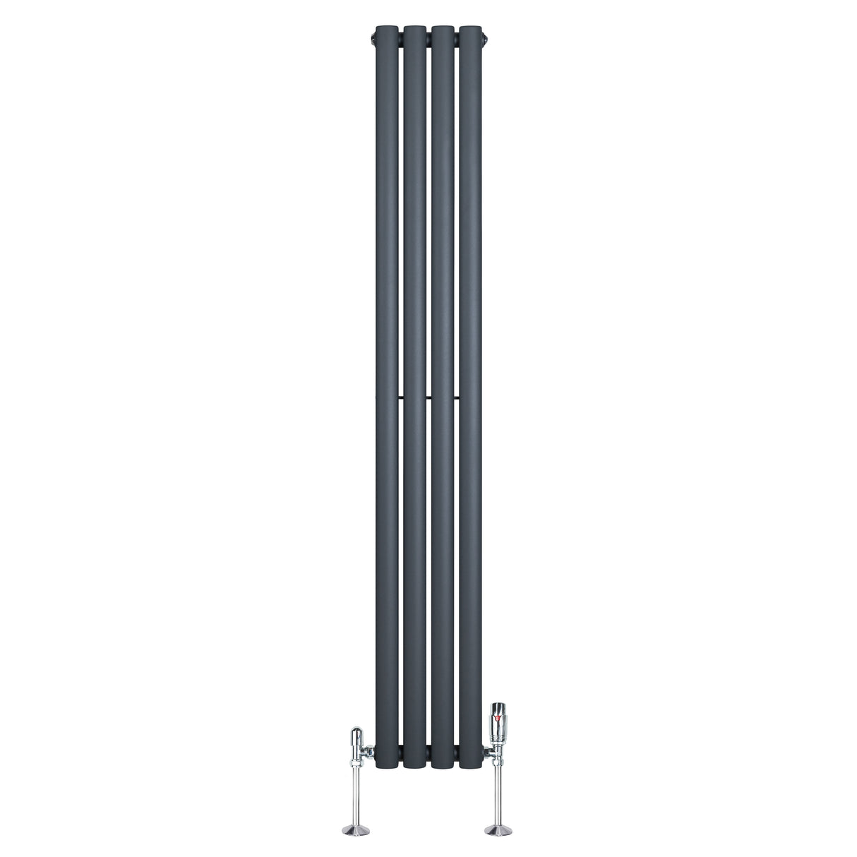 Ovale design radiator in antraciet grijs, 1600 mm x 240 mm, met vier verticale kolommen en een haakse thermostaatkraan