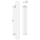 Ovale zwarte design radiator met één kolom, afmetingen 1600 mm x 240 mm, inclusief haakse thermostaatkraan en technische details