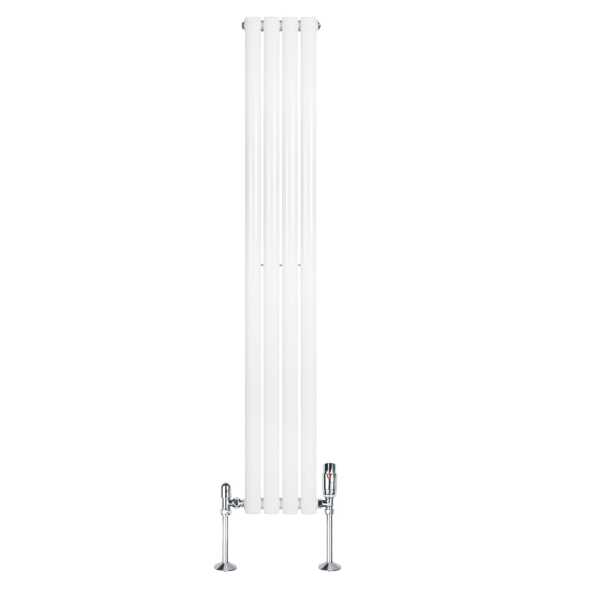Ovale design radiator in wit, 1 kolom, 1600 mm x 240 mm, met glanzende haakse thermostaatkraan aan de onderzijde