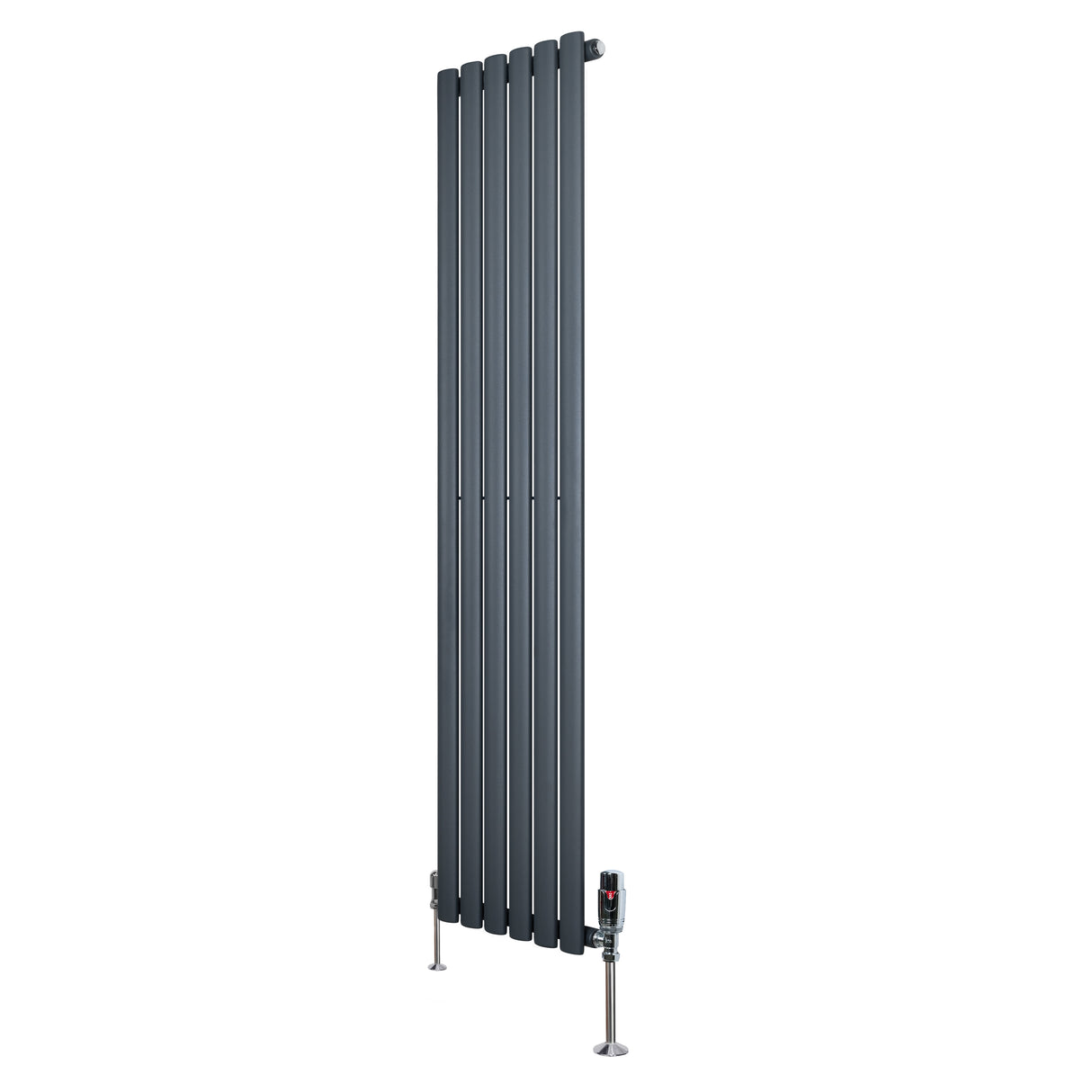 Ovale design radiator in antraciet grijs, 1 kolom, 1600 mm x 360 mm, met haakse thermostaatkraan en strakke lijnen