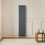 Ovale design radiator in antracietgrijs, 1 kolom, 1600 mm x 360 mm, met haakse thermostaatkraan, moderne uitstraling in een lichte kamer