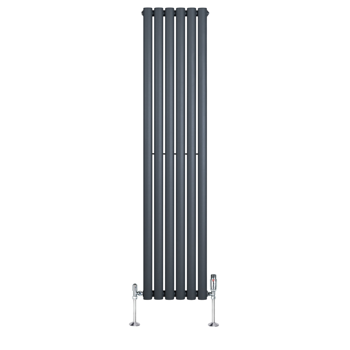 Ovale design radiator in antraciet grijs, 1 kolom, 1600 mm x 360 mm, met haakse thermostaatkraan aan de onderzijde