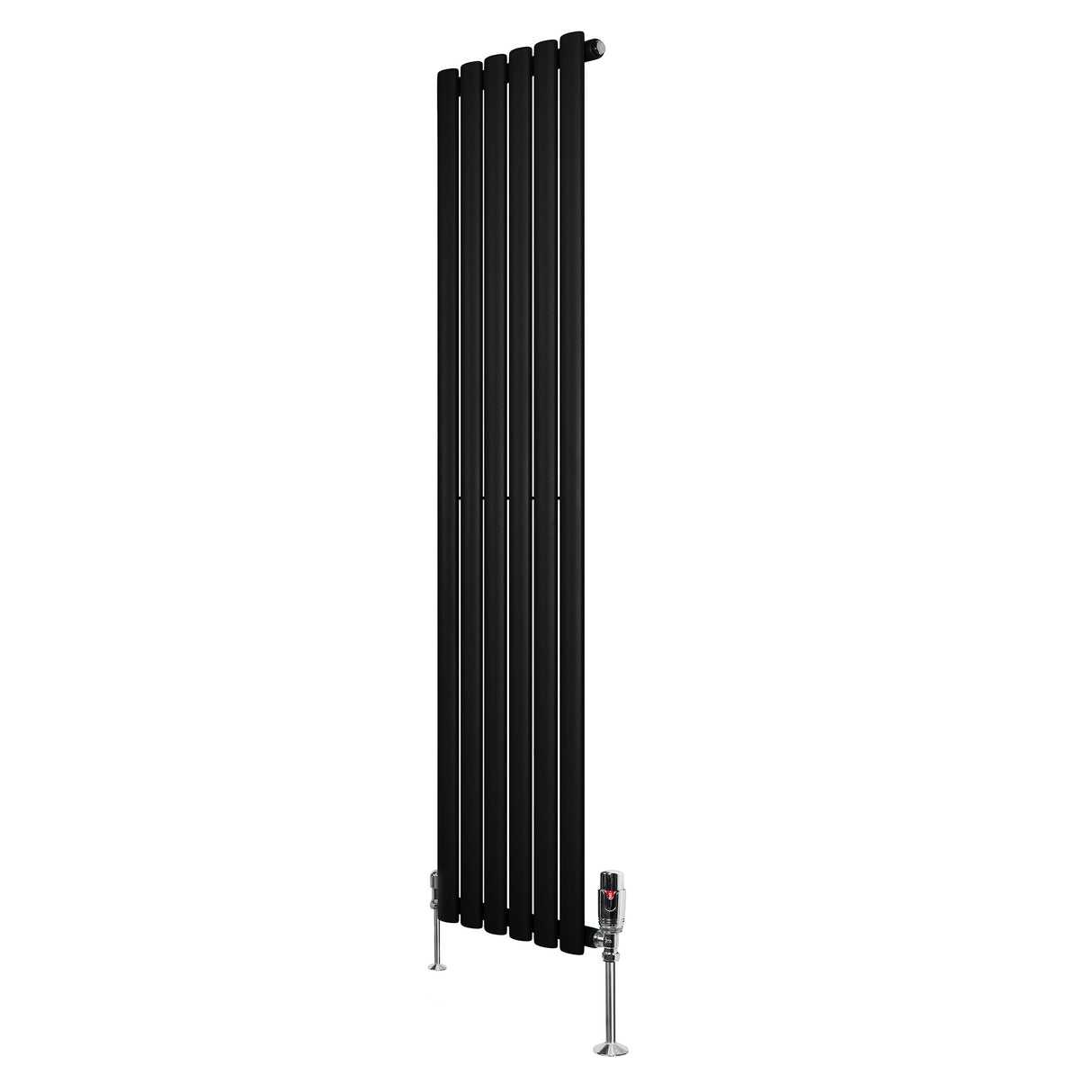 Ovale zwarte design radiator van 1600 mm x 360 mm met een haakse thermostaatkraan en een moderne, strakke uitstraling